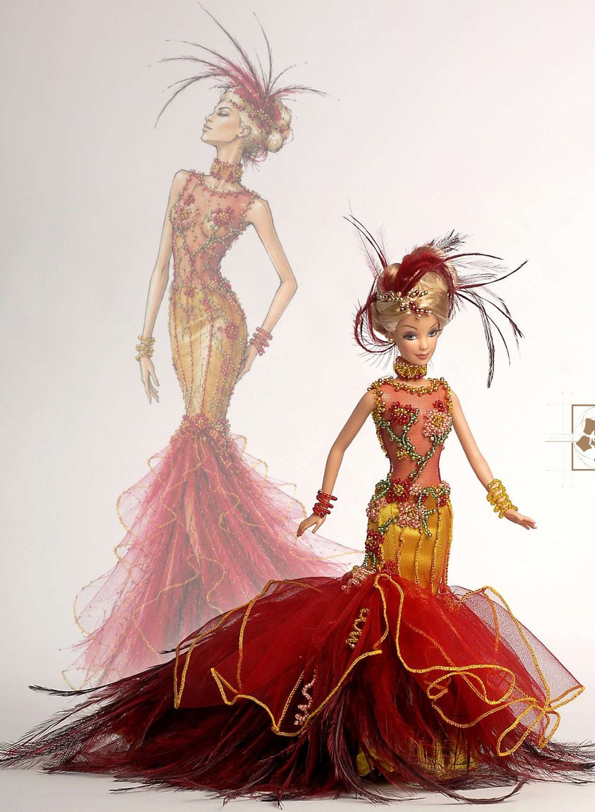 Coutureontwerp van Nicky Vankets vertaald naar een Barbie-creatie
