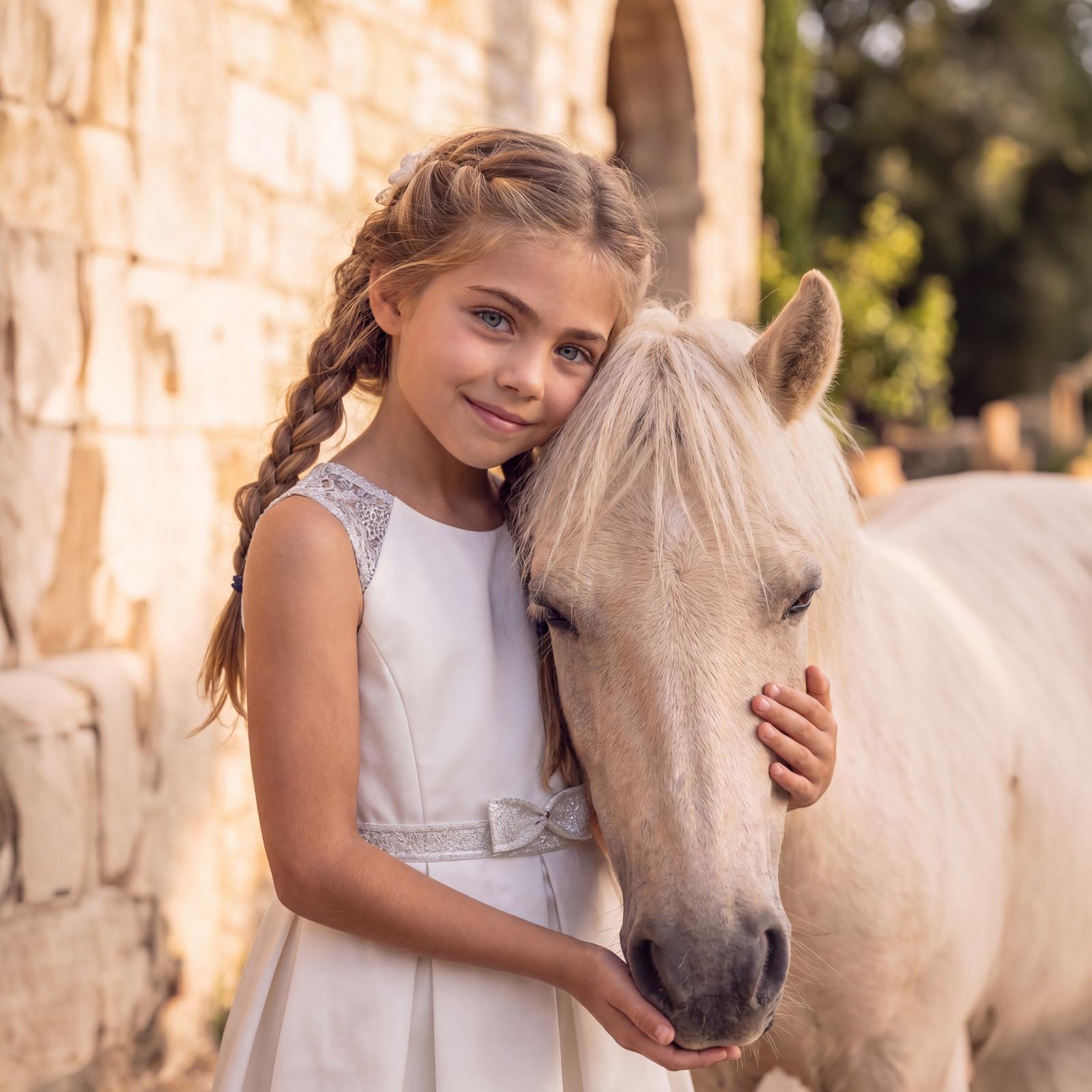 Meisje in communiejurk bij een lichte pony