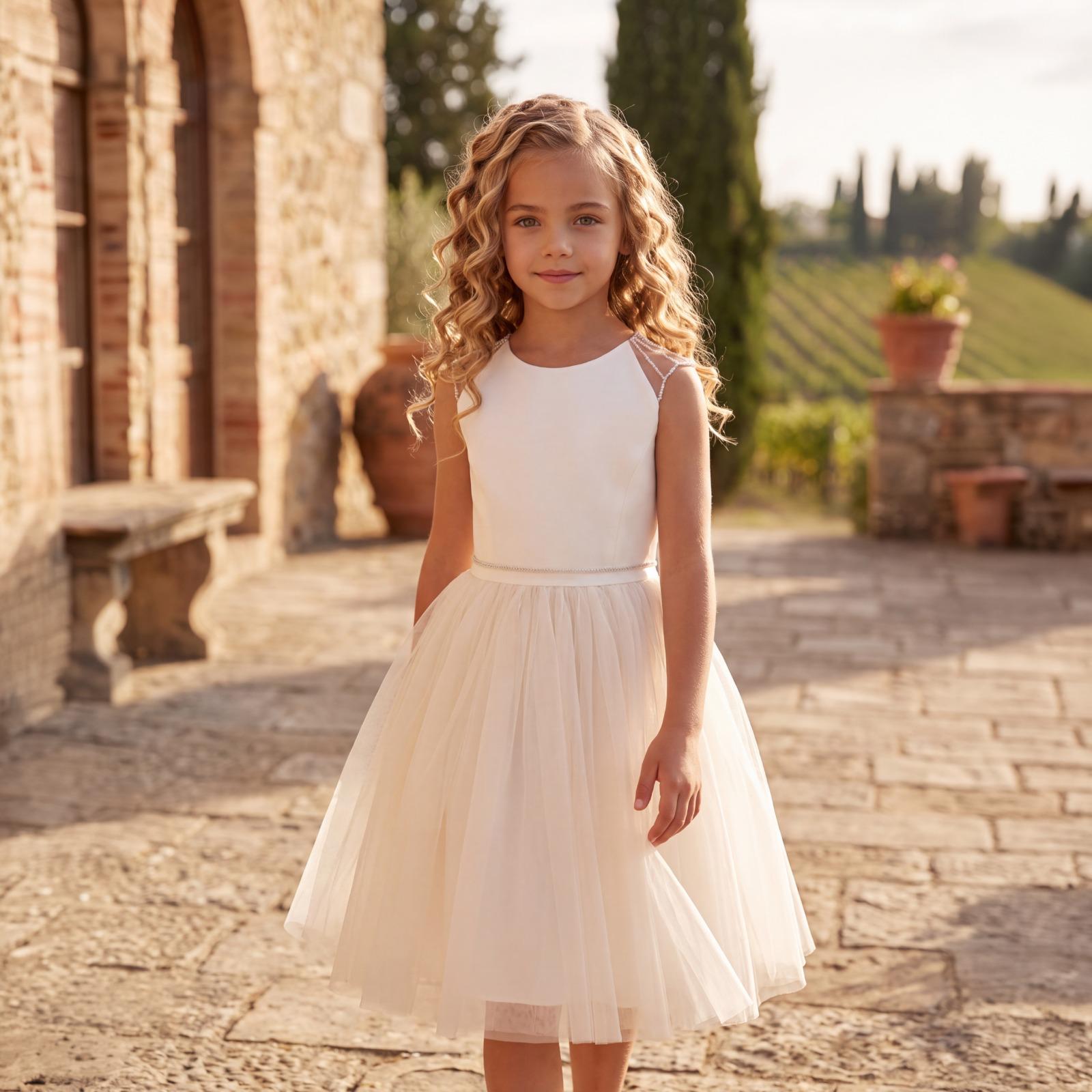 Communiejurk in satijn met blush tule